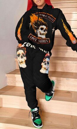 Fashion Casual Print Skull Hooded Collar Long Sleeve Two Pieces