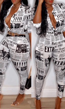 Casual Print Split Joint Turndown Collar Long Sleeve Two Pieces
