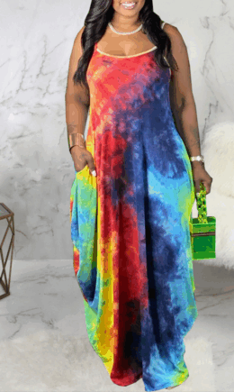 Casual Patchwork Tie-dye Spaghetti Strap Straight Dresses