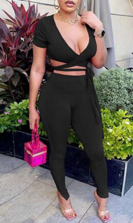 Sexy Casual Solid Bandage V Neck Short Sleeve Two Pieces