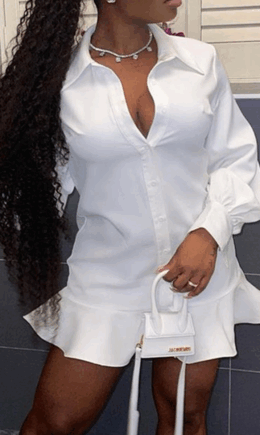 Casual Solid Flounce Turndown Collar Shirt Dress Dresses