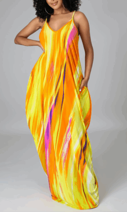 Casual Print Split Joint Spaghetti Strap Straight Dresses