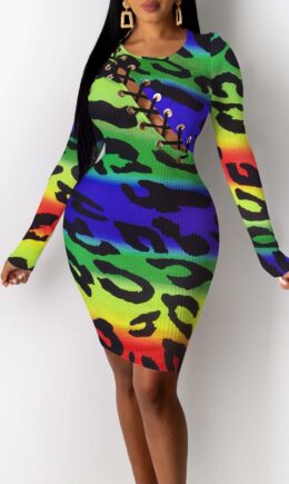Multi-color Sexy Print Hollowed Out Split Joint Frenulum O Neck Pencil Skirt Dresses