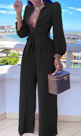 Casual Solid Split Joint Buttons Turndown Collar Straight Jumpsuits