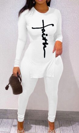 Casual Print Split Joint Slit O Neck Long Sleeve Two Pieces