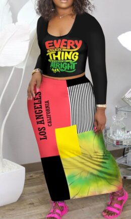 Casual Letter Print Split Joint U Neck Long Sleeve Two Pieces