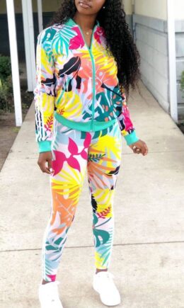 Casual Print Split Joint Mandarin Collar Long Sleeve Two Pieces