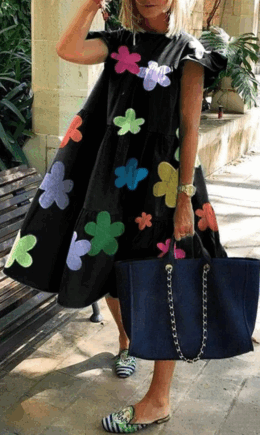Casual Print Split Joint O Neck Cake Skirt Dresses