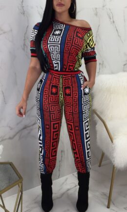 Street Print Split Joint O Neck Straight Jumpsuits