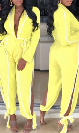 Fashion Patchwork Solid Bandage Hollowed Out With Belt V Neck Regular Jumpsuits