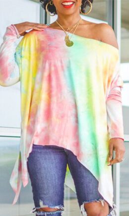 Fashion Casual Print Tie Dye Asymmetrical Oblique Collar Tops