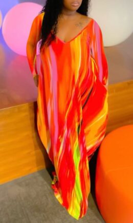 Fashion Casual Print Basic V Neck Long Sleeve Dresses