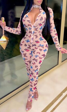 Fashion Sexy Butterfly Print Split Joint Zipper Collar Skinny Jumpsuits