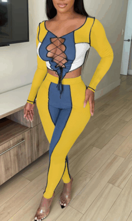 Sexy Patchwork Hollowed Out V Neck Long Sleeve Two Pieces