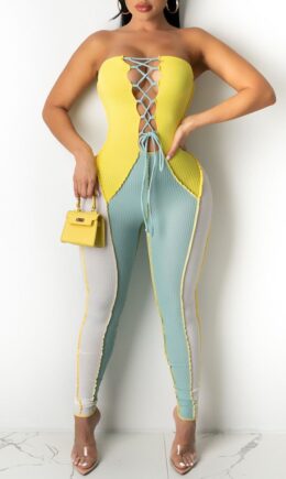 Fashion Sexy Patchwork Bandage Backless Strapless Skinny Jumpsuits