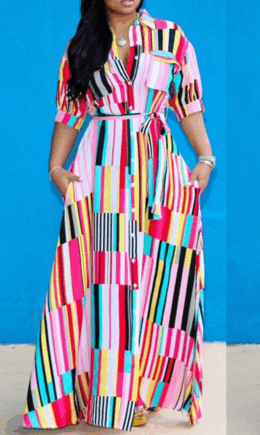 Casual Turn-down Collar Half Sleeve Loose Long Summer Dresses