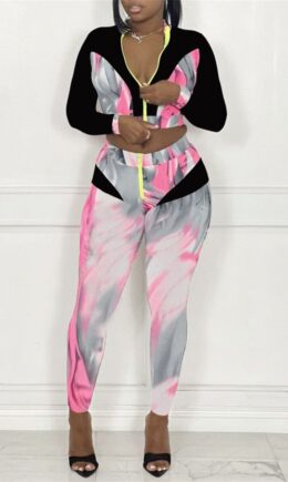Fashion Casual Print Split Joint Zipper Collar Long Sleeve Two Pieces