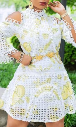 College Print Embroidered Hollowed Out Split Joint V Neck A Line Dresses