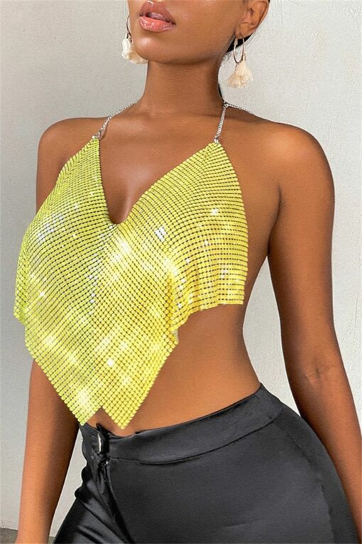 Fashion Sexy Patchwork Backless Asymmetrical Halter Tops