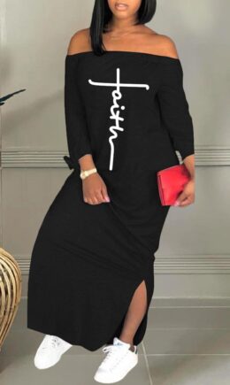 Casual Print Split Joint Slit Off the Shoulder Straight Dresses