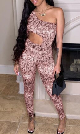 Fashion Sexy Print Hollowed Out Oblique Collar Long Sleeve Two Pieces