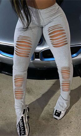 Fashion Casual Solid Ripped Slit Skinny High Waist Pencil Trousers