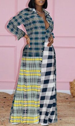 Fashion Casual Plaid Print Split Joint Turndown Collar Shirt Dress