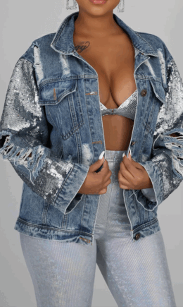 Sexy Solid Sequins Turndown Collar Long Sleeve Regular Denim Jacket