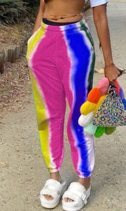 Casual Striped Print Split Joint Straight High Waist Straight Full Print Bottoms