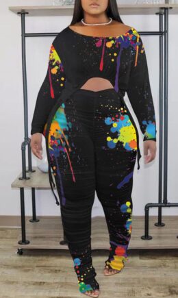 Casual Print Split Joint Fold Asymmetrical O Neck Long Sleeve Two Pieces