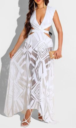 Fashion Sexy Patchwork Bandage Hollowed Out Backless V Neck Sleeveless Dress