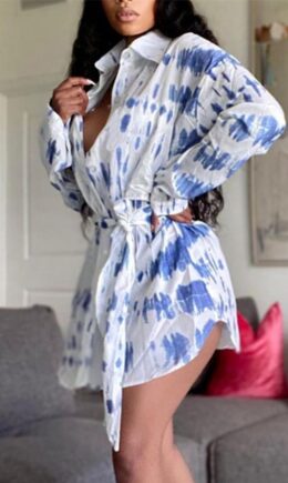 Fashion Casual Print Frenulum Turndown Collar Shirt Dress