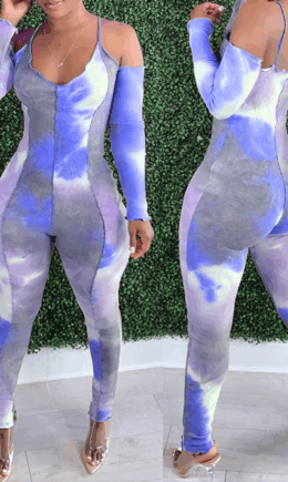 Sexy Patchwork Tie-dye Halter Skinny Jumpsuits