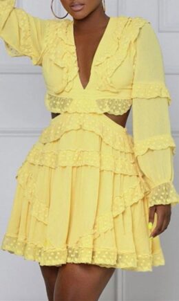 Fashion Sexy Solid Hollowed Out V Neck Long Sleeve Dresses