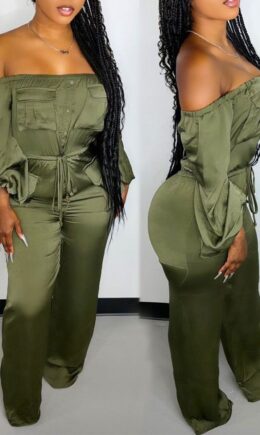 Casual Solid Split Joint Pocket Frenulum Off the Shoulder Straight Jumpsuits