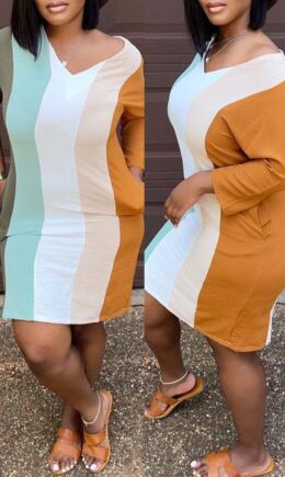 Fashion Casual Striped Basic V Neck Long Sleeve Dresses pre-sale