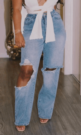 Casual Solid Ripped Loose Denim Jeans