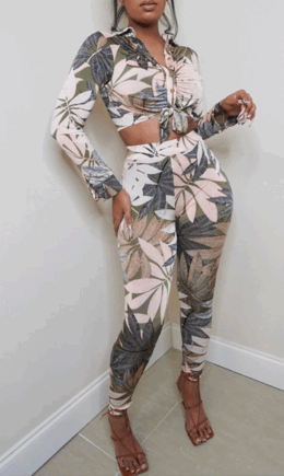Sexy Print Bandage Turndown Collar Long Sleeve Two Pieces