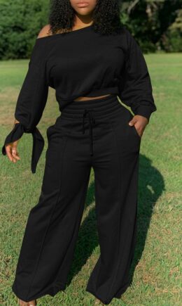 Casual Solid Split Joint Frenulum Backless Asymmetrical O Neck Long Sleeve Two Pieces