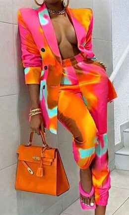 Fashion Casual Print Cardigan Pants Turndown Collar Long Sleeve Two Pieces