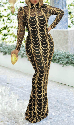 Sexy Patchwork Sequins Mesh Half A Turtleneck Trumpet Mermaid Dresses