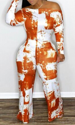 Fashion Casual Print Backless Off the Shoulder Regular Jumpsuits