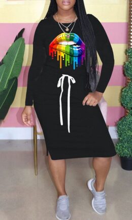 Casual Print Split Joint Pocket Frenulum O Neck One Step Skirt Dresses