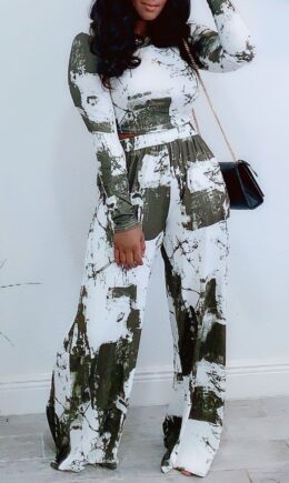 Olive Fashion Casual Print Split Joint O Neck Long Sleeve Two Pieces