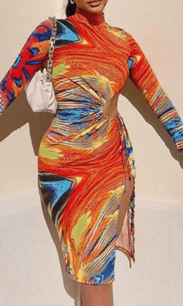 Sexy Print Hollowed Out Half A Turtleneck Pencil Skirt Dresses