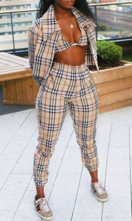 Fashion Casual Plaid Print Cardigan Vests Pants Turndown Collar Long Sleeve Three-piece Set