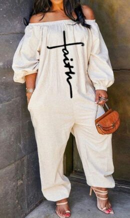 Casual Print Split Joint Off the Shoulder Loose Jumpsuits