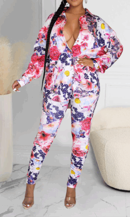 Sexy Print Split Joint Turndown Collar Long Sleeve Two Pieces