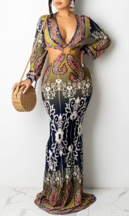 Tibetan Sexy Print Hollowed Out Split Joint Backless V Neck Straight Dresses