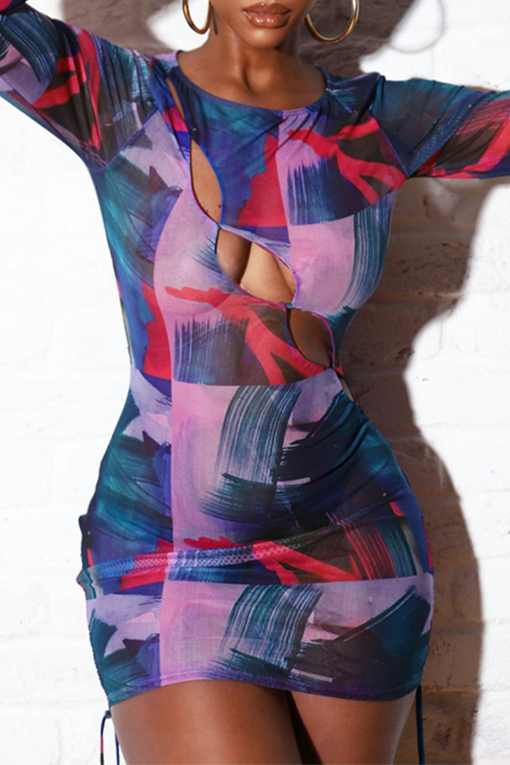 Color Sexy Print Split Joint O Neck Pencil Skirt Dresses